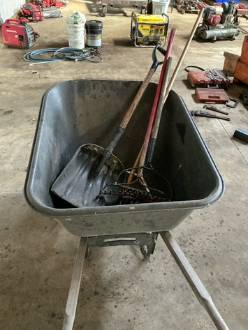 Dual-Wheel Poly Wheelbarrow with Assorted Hand Tools