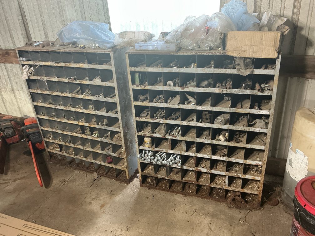 Two Metal Multi-Compartment Bolt Bins with Hex Bolts, Nuts, Washers, and More