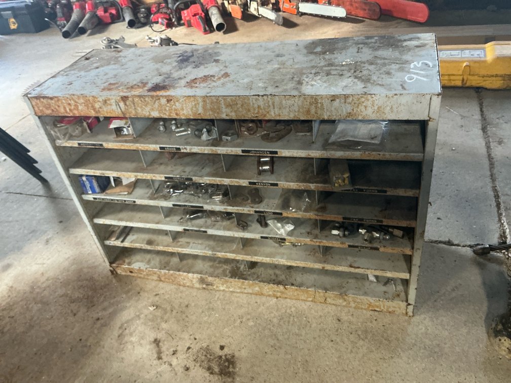 Metal Parts Bin Organizer with Hardware Contents and Metal Storage Cabinets