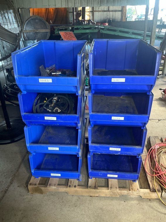 Set of 8 Blue Plastic Stackable Storage Bins with Hose Reel, Hardware, Hand Tools, and More