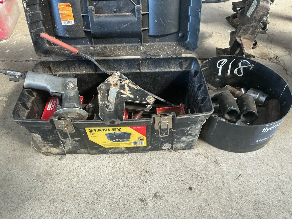 Toolbox with Pneumatic Cut-Off Tool, Manual Shear, Saw Bits, Sockets, and More