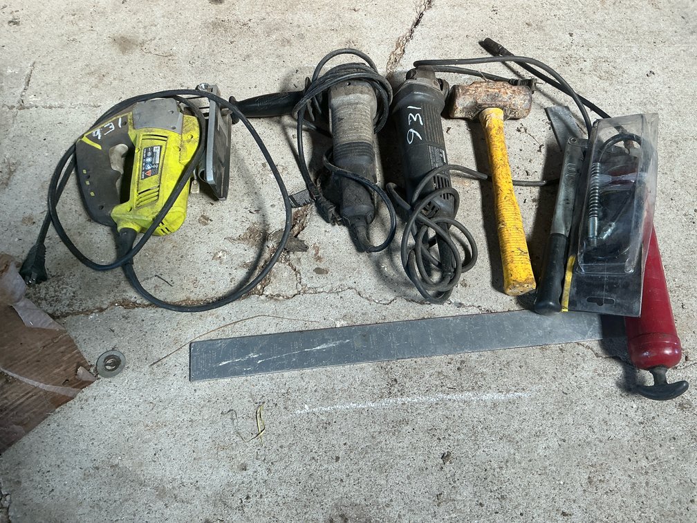 Corded Jigsaw, Angle Grinders, Grease Gun, Hammer, and More