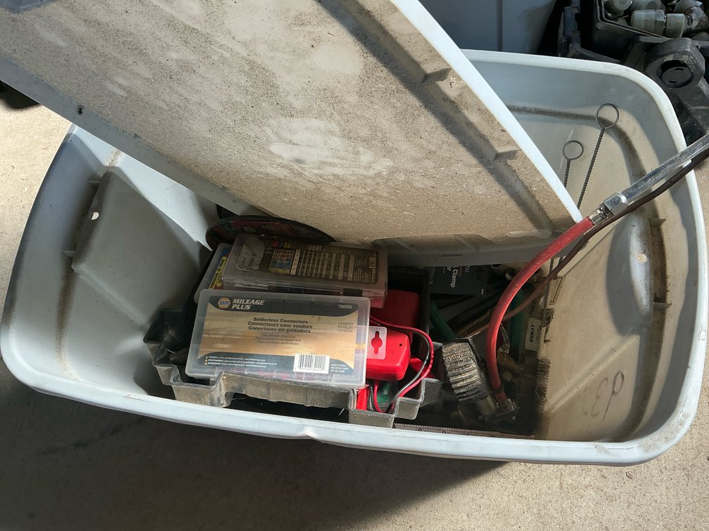 Storage Tote with Wire Terminal Kits, Battery Terminal Cleaner, Grinding Discs, Hand Tools, and More