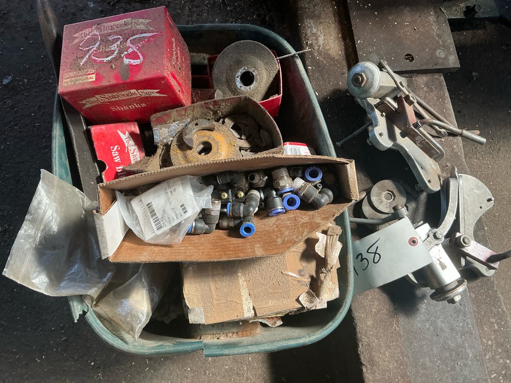 Tote of Saw Bits, Swage Tooling, Pneumatic Fittings, Valves, and More