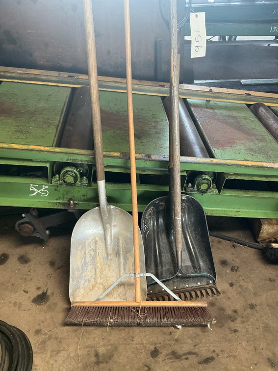 Aluminum Scoop Shovel, Push Broom, Black Scoop Shovel, and Bow Rake