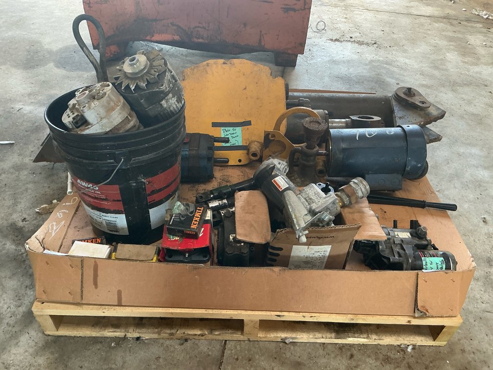 Pallet of Hydraulic Cylinders, Electric Motor, Fuel Transfer Pump, Bearings, and More