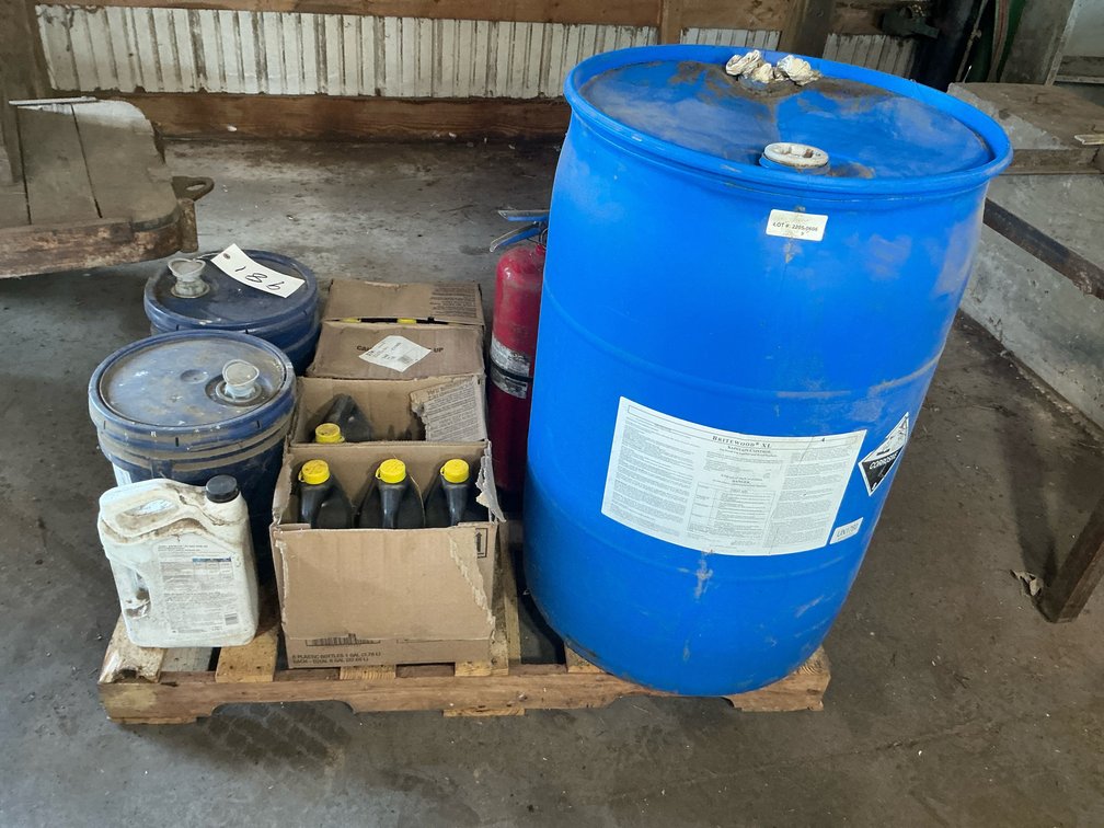 Pallet of Industrial Fluids, 55-Gallon Drum, Oil Pails, Antifreeze, Gas Can, Fire Extinguisher, and More