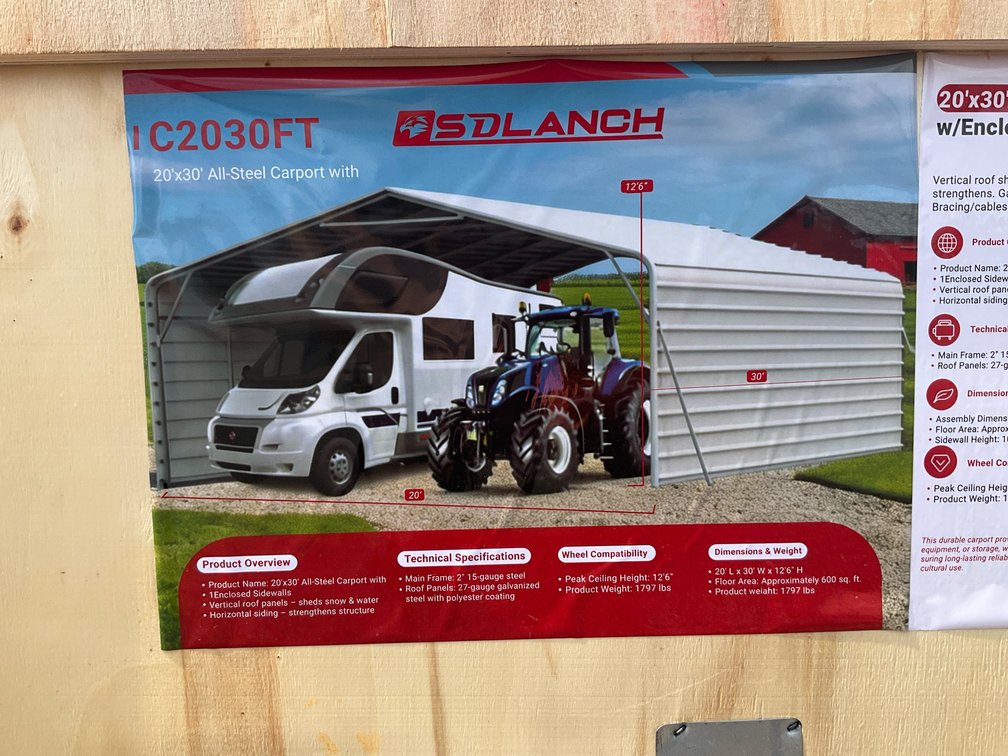 Unused SDLANCH TC2030FT 20'x30' All-Steel Carport with 1 Enclosed Sidewall - Middlefield, OH