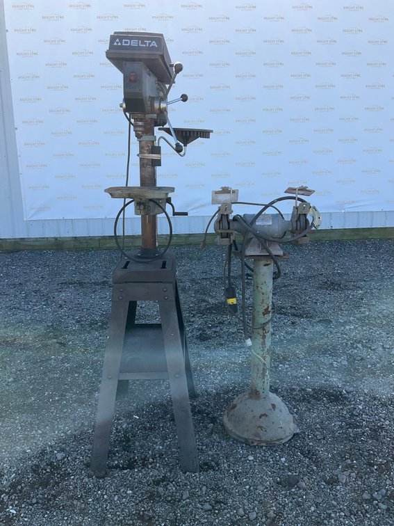 Drill Press on Stand and Bench Grinder on Pedestal Stand