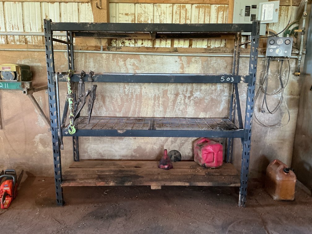 Industrial Steel Storage Rack with Chain Load Binders, Pry Bar, and More