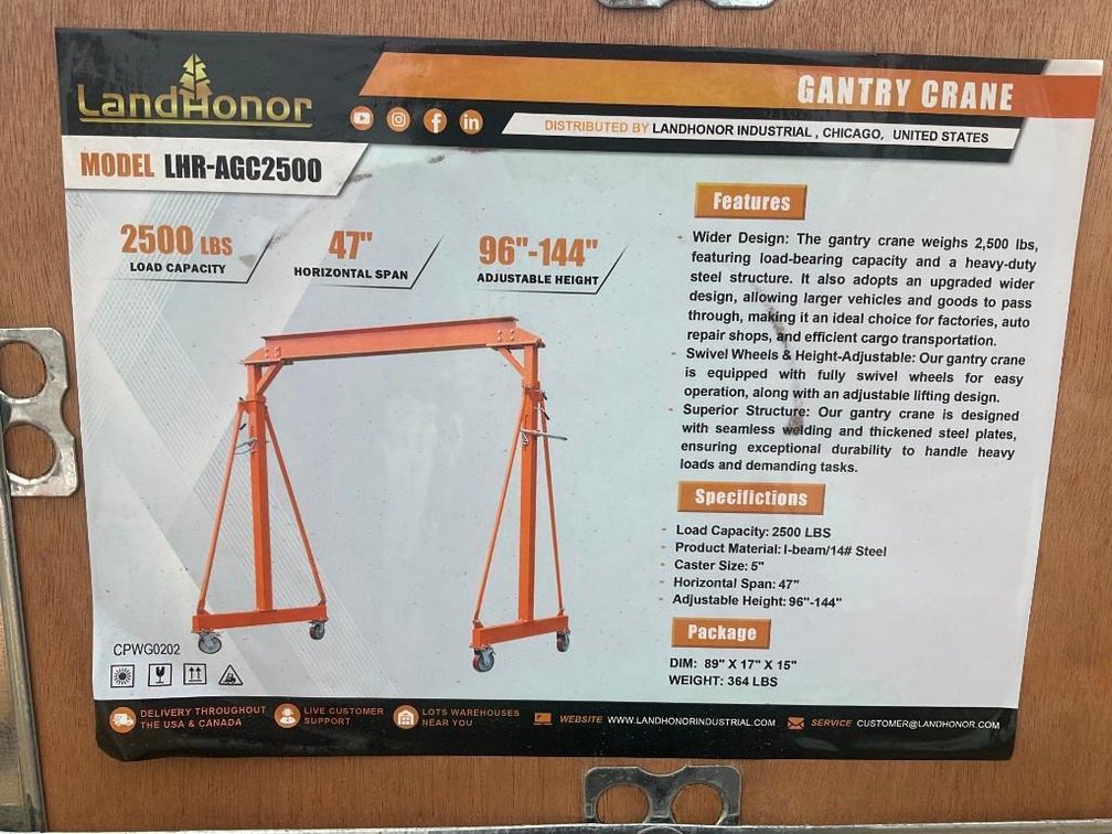 Unused Land Honor 2500-LB Adjustable Height All-Steel Gantry Crane - Middlebury, Indiana