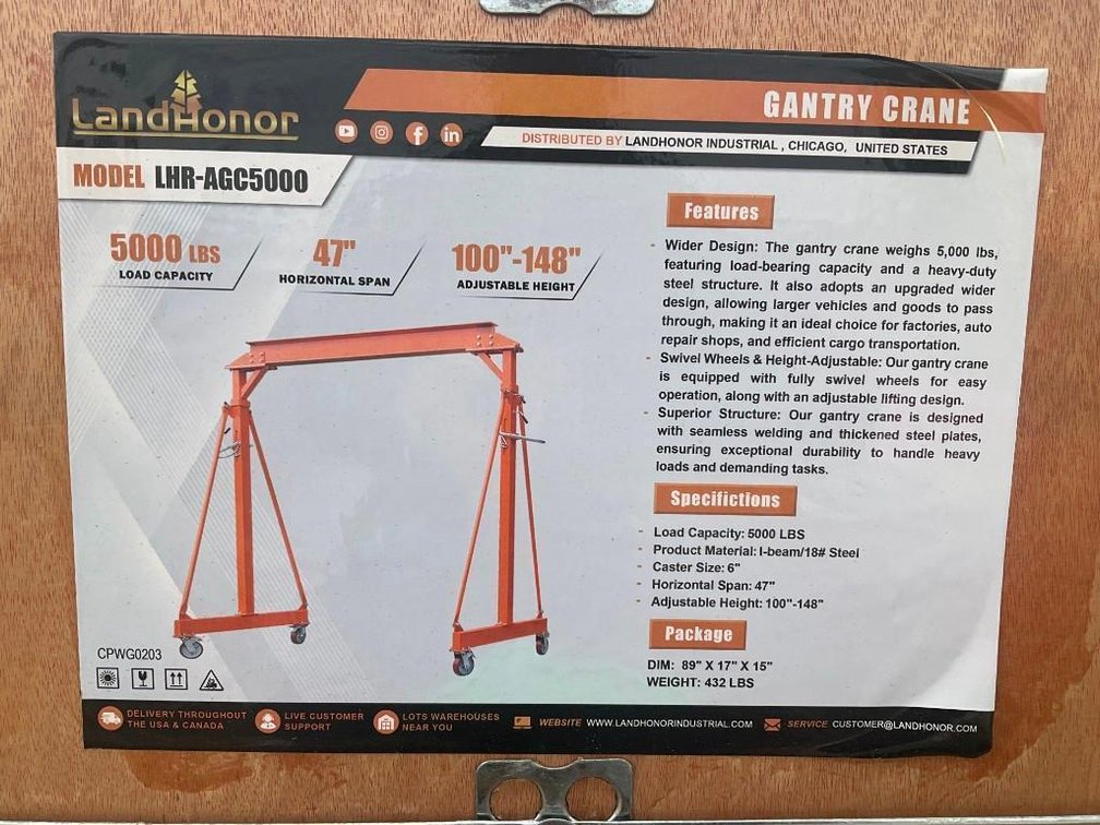 Unused Land Honor 5000-LB Adjustable Height All-Steel Gantry Crane - Middlebury, Indiana