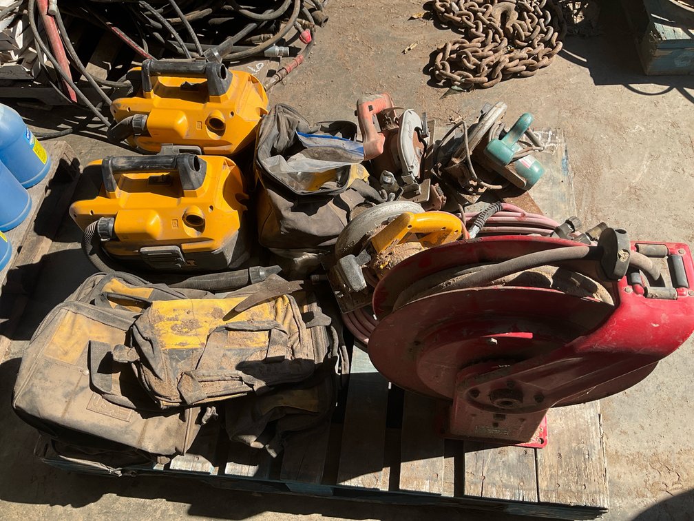 2 Dewalt Wet/Dry Vacuums, Circular Saws, Hose Reel, Tool Bags, and More
