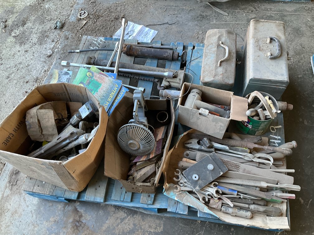 Pallet Lot of Metal Toolboxes, Hand Tools, Hydraulic Cylinders, WORX Cordless Saw, and More