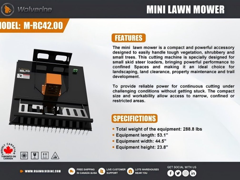 Unused Wolverine M-RC42 Mini Lawn Mower Skid Steer Attachment - Middlebury, IN