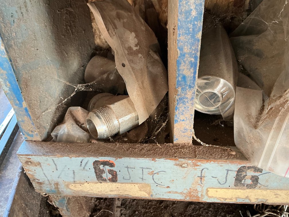 Wooden Parts Bin Organizer with Hydraulic Fittings, Adapters, and More