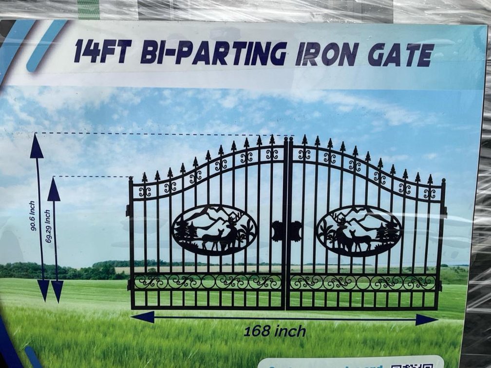 Unused Greatbear 14' Bi-Parting Iron Gate with Deer Artwork - Middlebury, Indiana