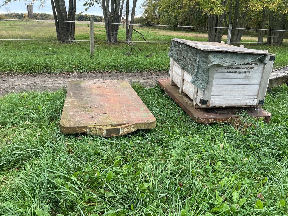 Heavy Steel Skid Platforms and Wooden Crate with Coiled Steel Cable