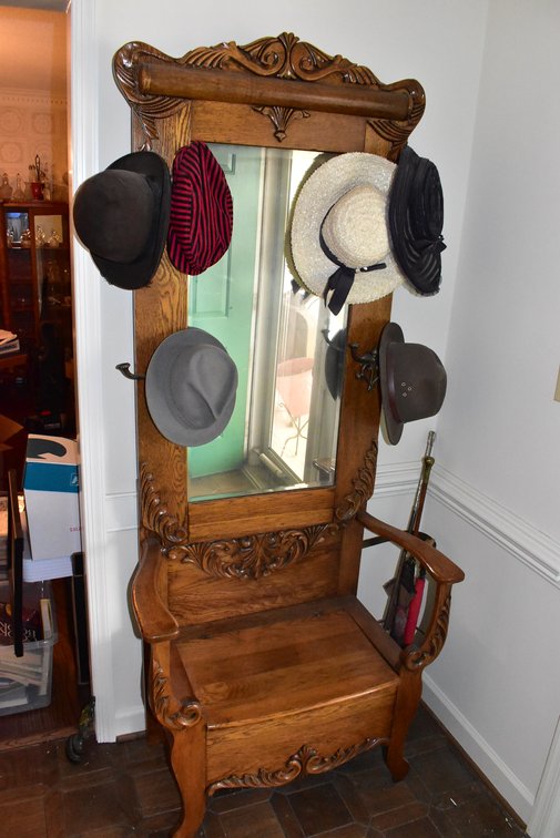 Antique Oak Hall Tree w/ Bench, Mirror, & Coat Hooks