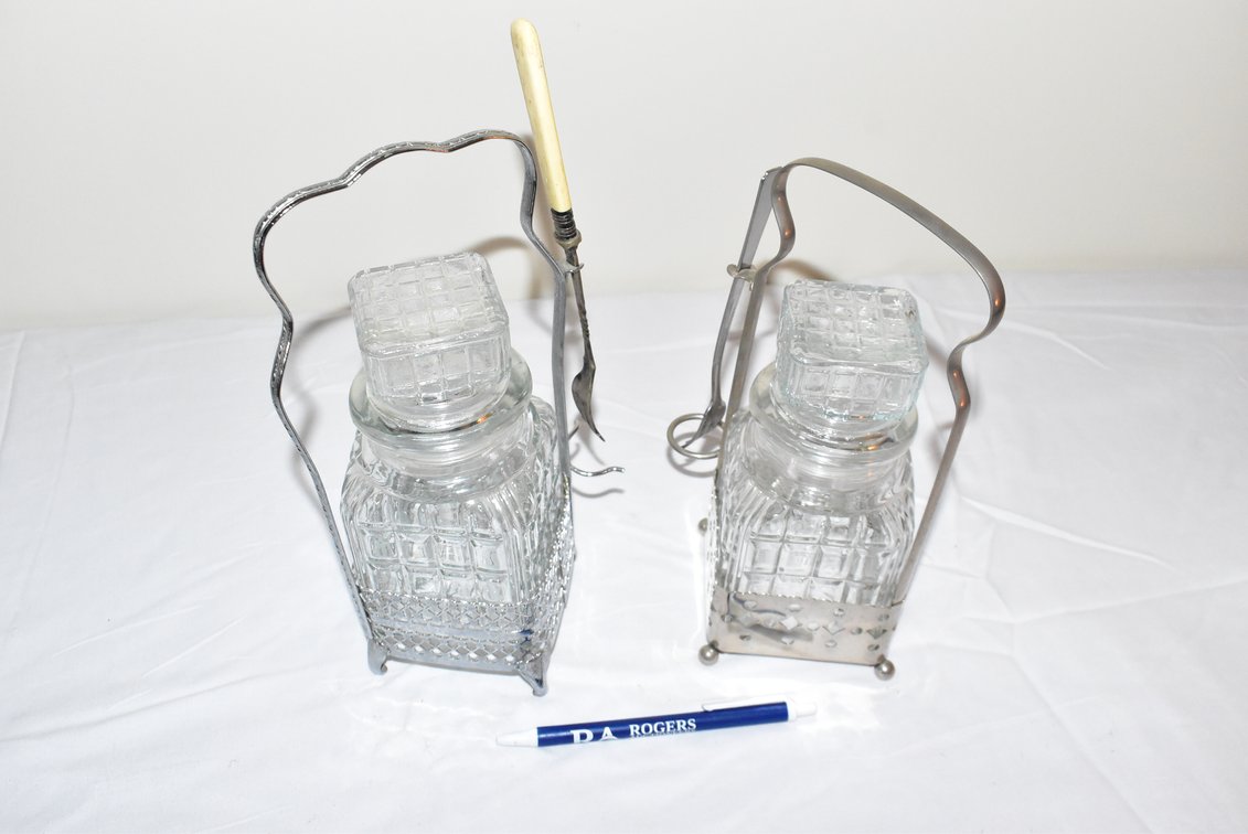 Vintage Pickle Castor Condiment Jars w/ Silver Carrier w/ Forks