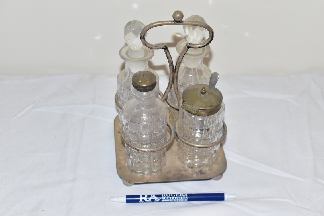 Antique Silver Plated Caddy Glass Condiment Set
