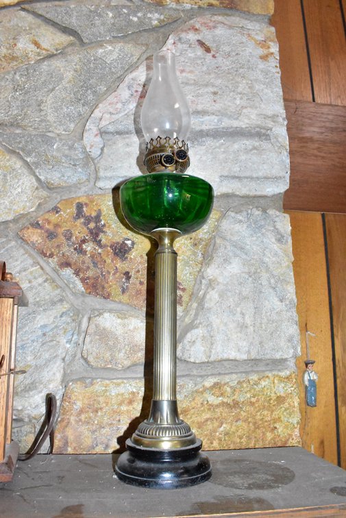 Antique Green Glass & Brass Oil Lamp