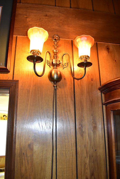(2) Antique Brass Two-Arm Wall Sconces w/ Glass Shades