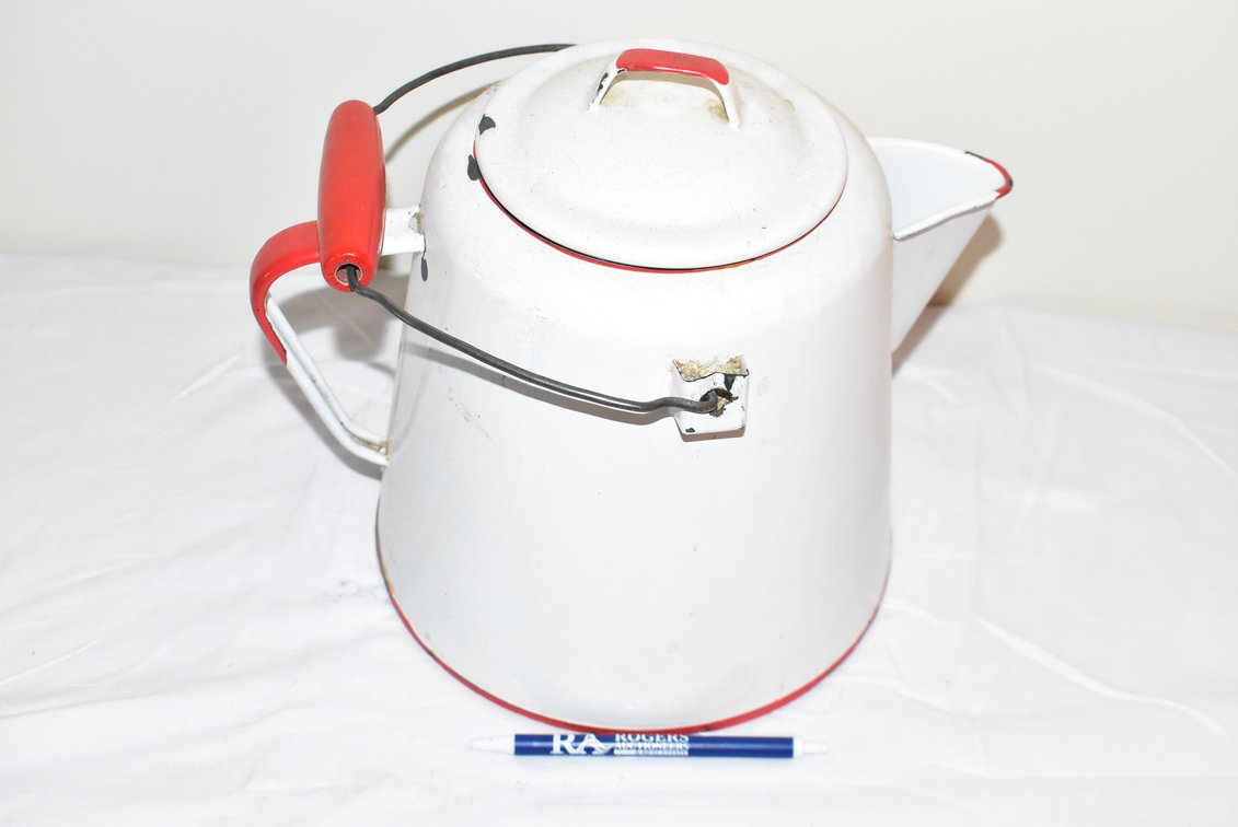 Vintage White Enamelware Coffee Pot w/ Red Trim