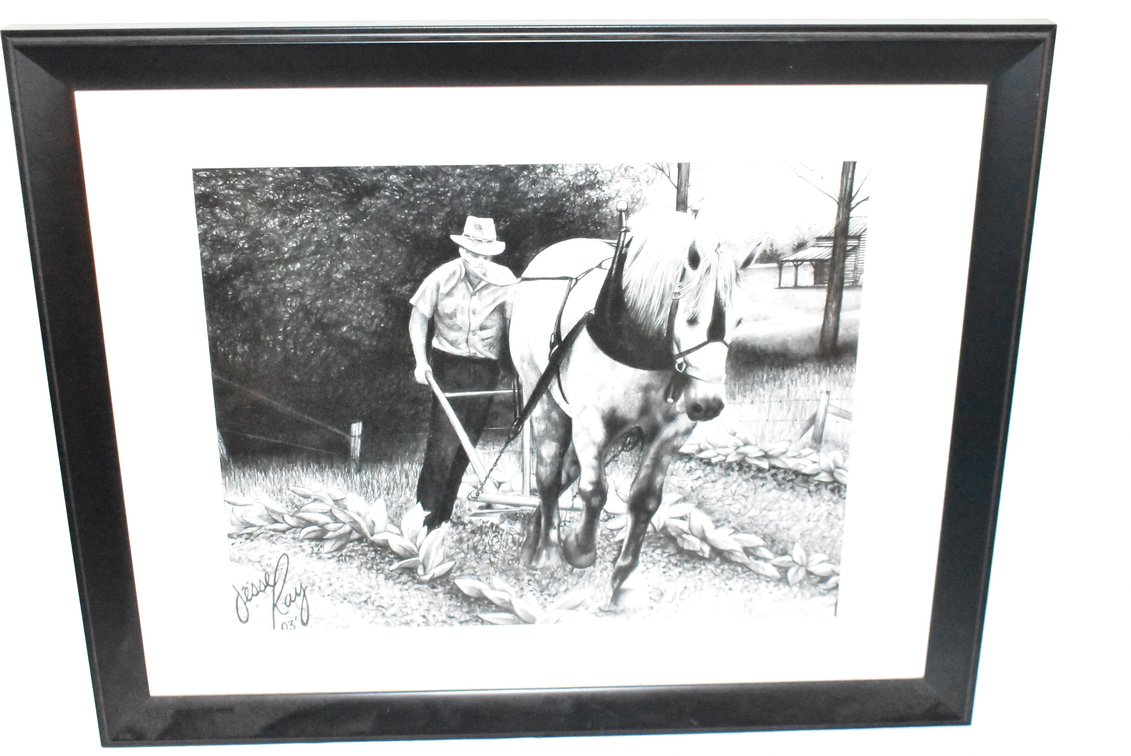 Framed & Signed Print Man Plowing Tobacco by Jesse Ray