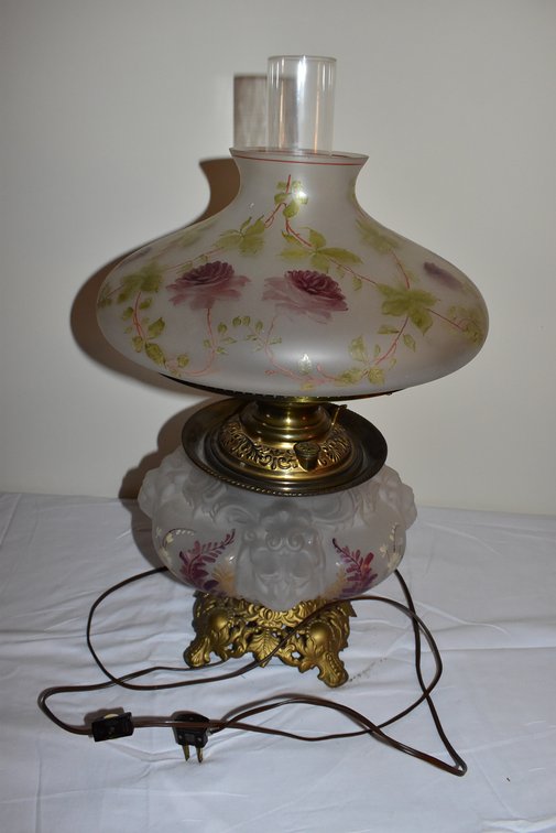 Vintage Parlor-Style Hurricane Lamp w/ Painted Shade & Embossed Lion Head