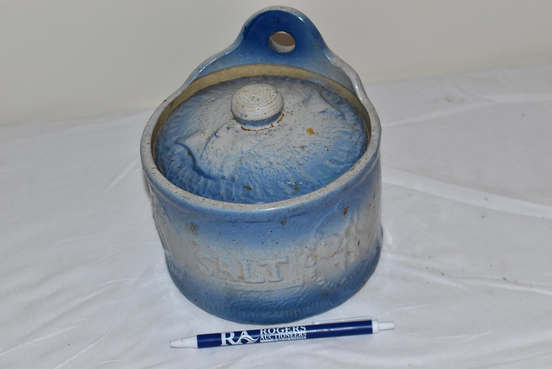 Antique Blue & White Stoneware Salt Box w/ Lid