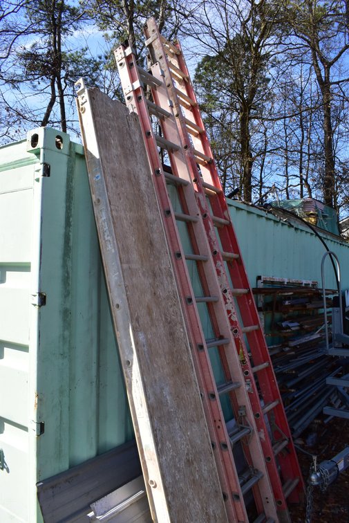 2 Fiberglass Extension Ladders & Scaffolding Platform