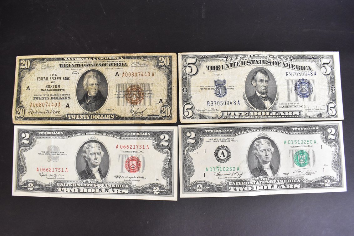 1929 Twenty Dollar Note, 1963 & 1976 Two Dollar Notes & Five Dollar Silver Certificate