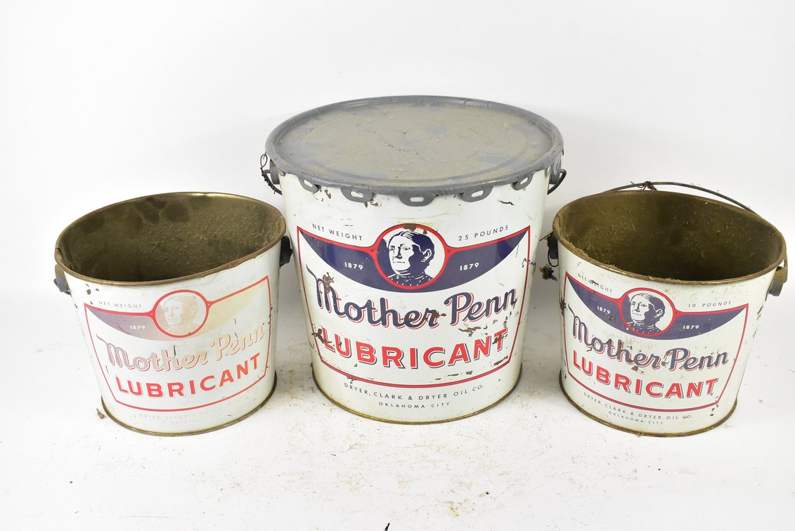 (3) Mother Penn Lubricant Tin Can Buckets