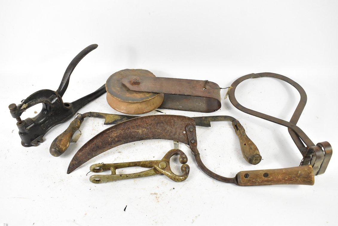 Assorted Tools - Drawknife, Ice Tongs, Hand Scythe, Pulley
