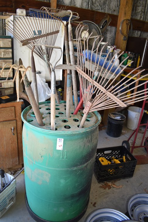 Barrel on Casters w/ Yard Tools