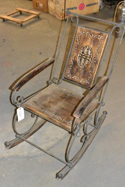 Teak Hand Carved Wrought Iron Rocking Chair