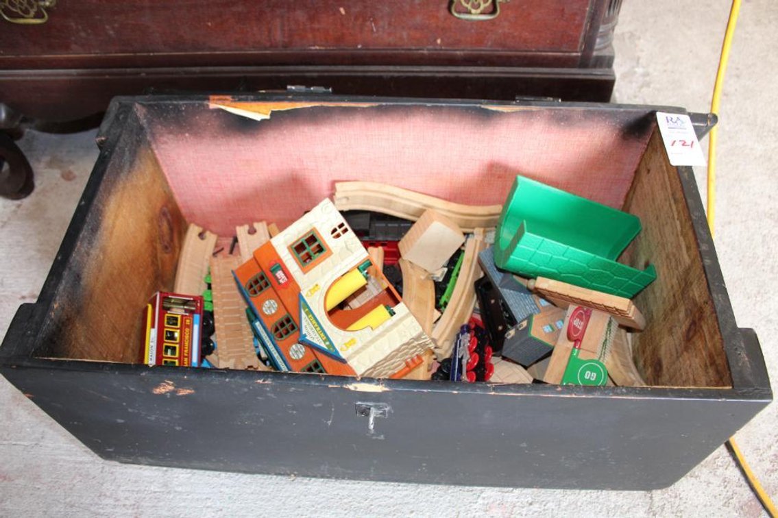 Black Wooden Chest w/ Toy Trains