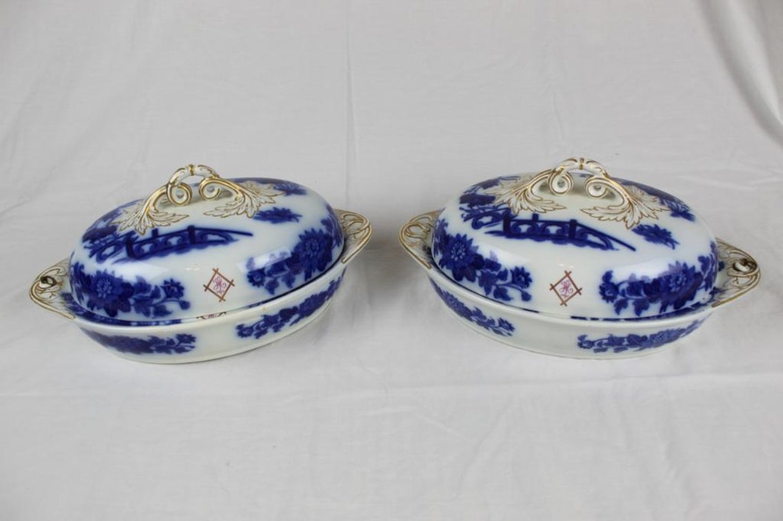 Pair of Antique Flow Blue Covered Ironstone Warming Dishes - Monogrammed "H.L."