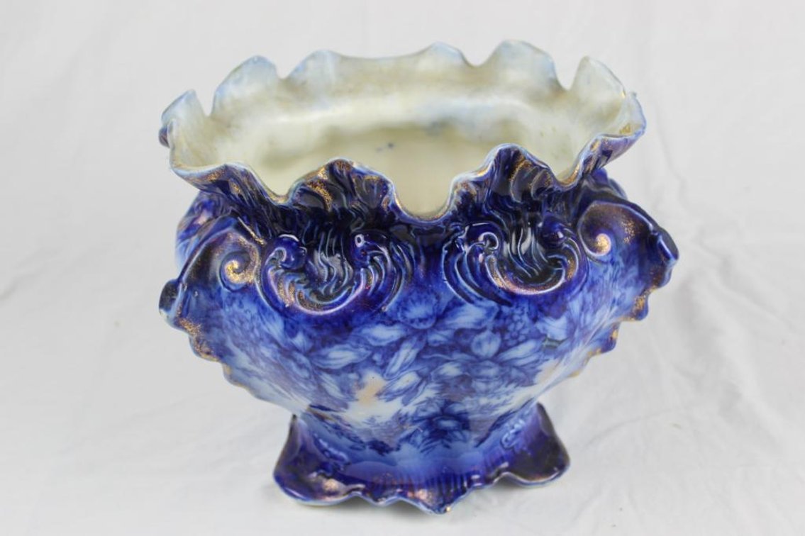 Flow Blue China Jardiniere w/ Ruffled Edge Marked Derby, T.R. & Co. England