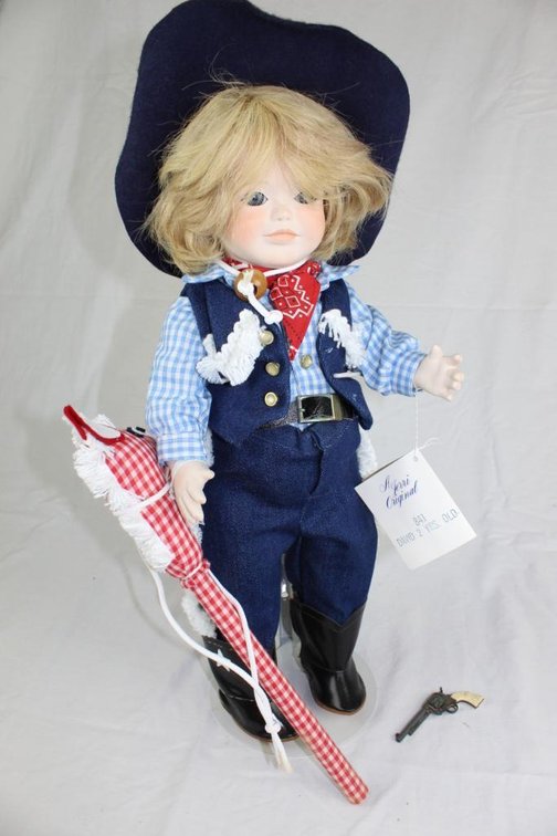 Porcelain Doll in Case - Dolls by Jerri  - David 2 Yrs. Old Cowboy