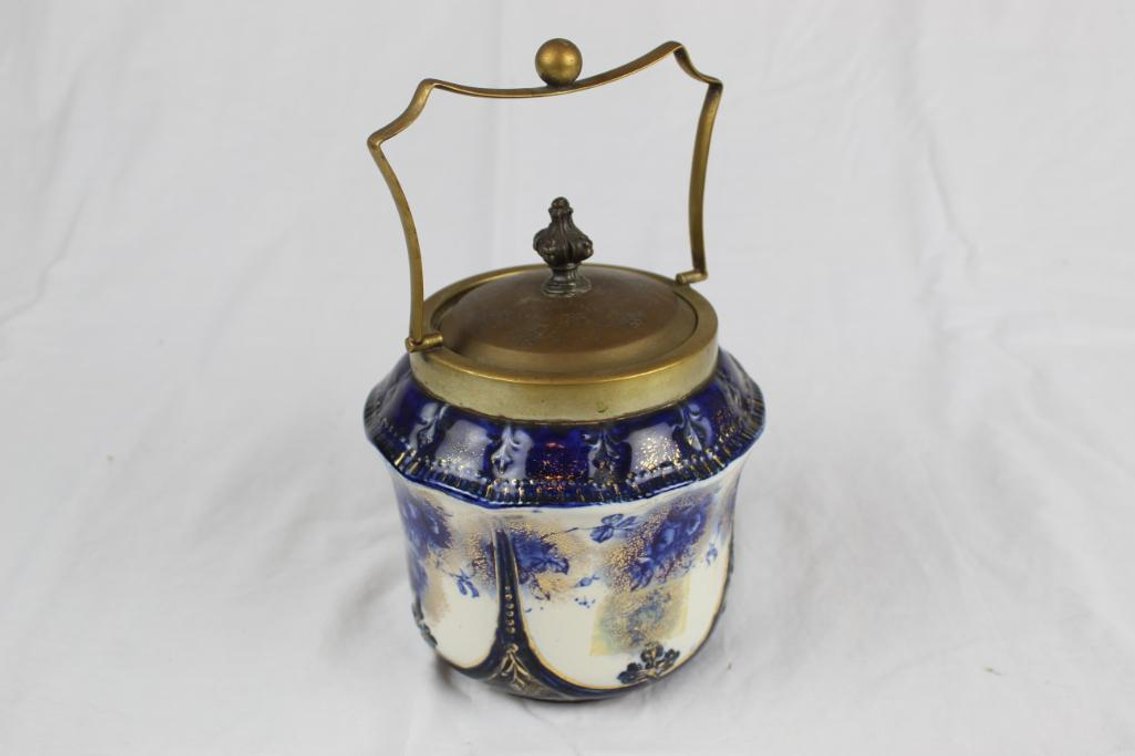 Brass Topped Flow Blue Biscuit Jar; Marked Red Crown w/ Rope, W.R. B4445