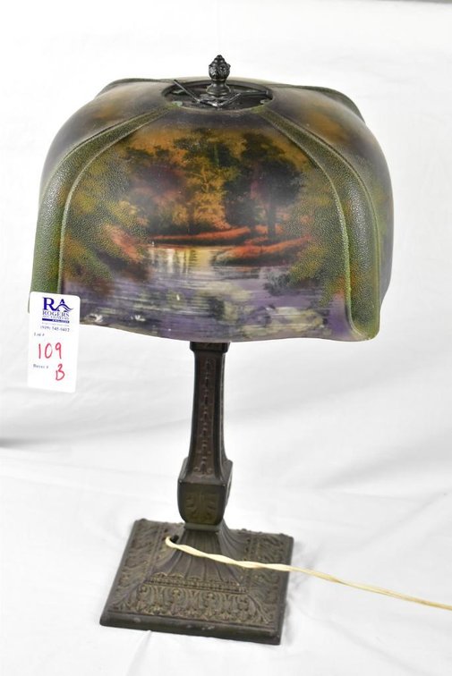 Early 20th Century American Electric Lamp w/ Reverse Painted Shade
