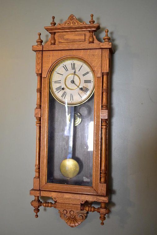 Antique Oak Ansonia Regulator Wall Clock w/ Pendulum and Key 