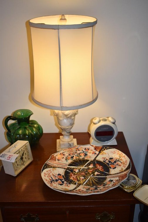 Alarm Clocks, Dish, Pitcher, & Marble Base Lamp