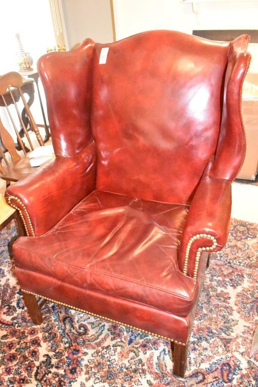 Vintage Red Leather Easy Chair & Ottoman w/ Brass Tack Seaming