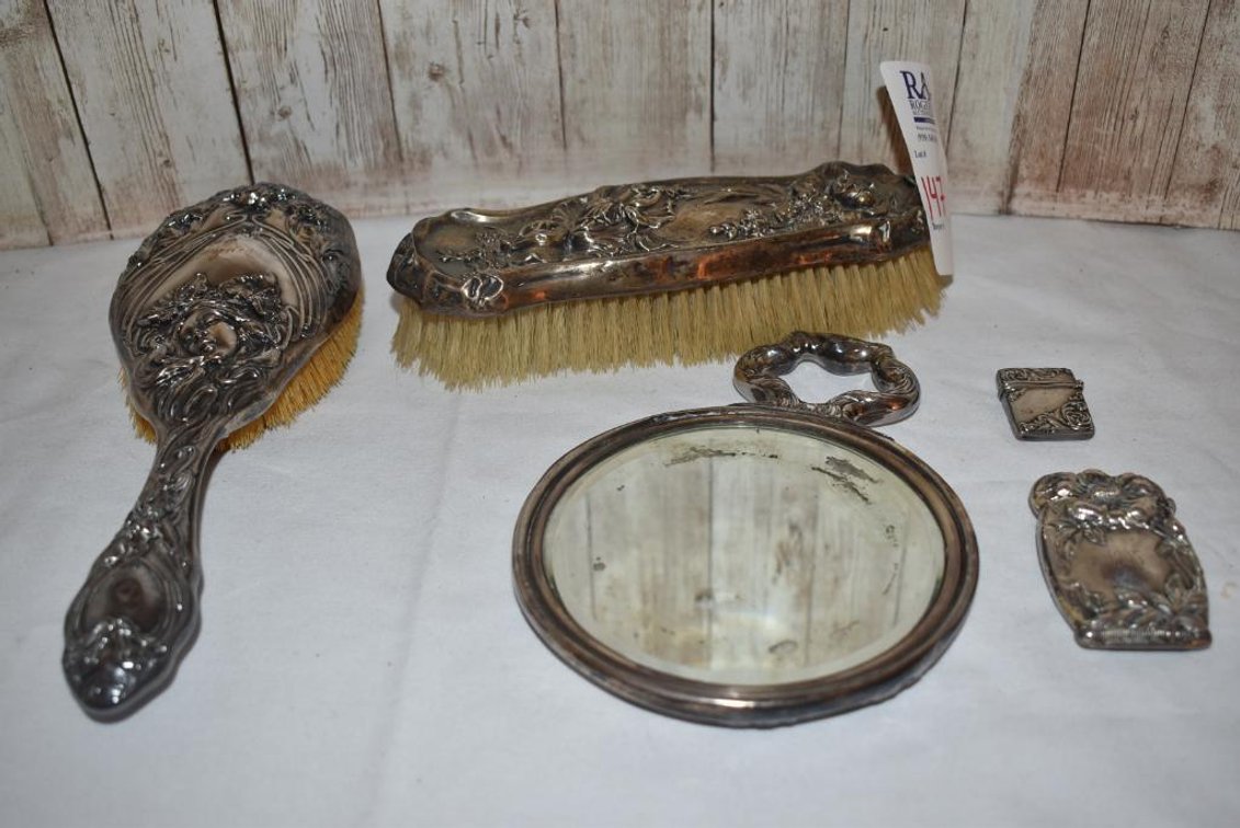1905 Vintage Sterling Silver Plated Brushes, Mirror Set
