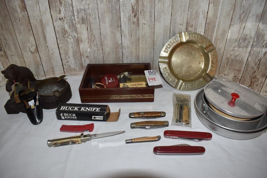 Vintage Knives, Bear Ash Tray, Tin Mess Kit