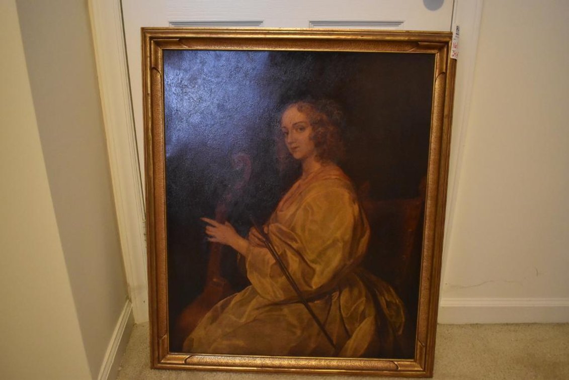 Vintage Photolithographic Print with in Painting on Board - "Lady with Cello"