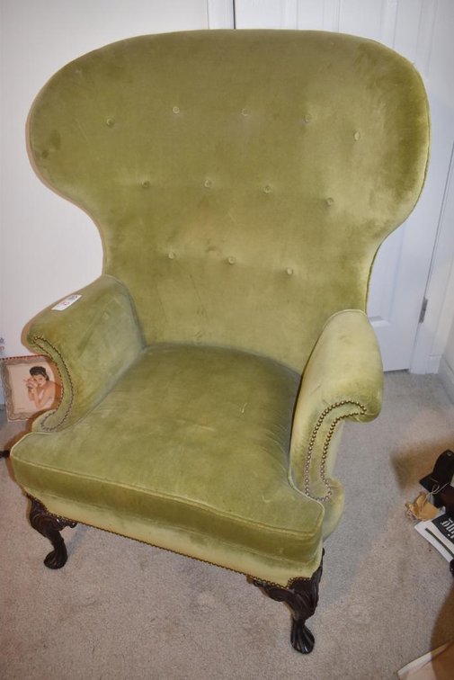 Antique Mahogany Uphostered Fan Back Chair - Olive Velvet w/ Cabriole Legs